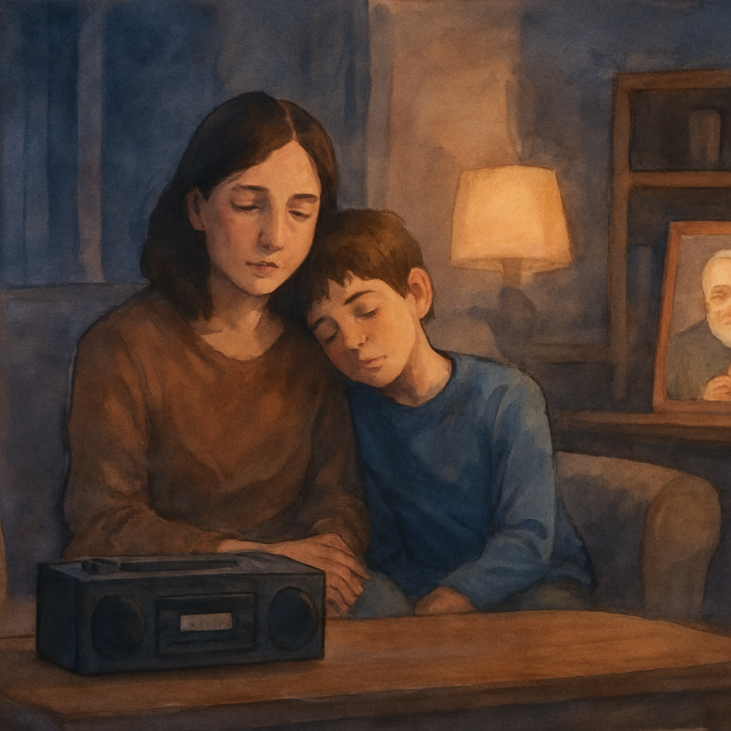 A wide soft view of the same living room, but now the boy is leaning against his mother's shoulder, both quiet, both with eyes a little wet but calm. The cassette player still sits on the table, the t