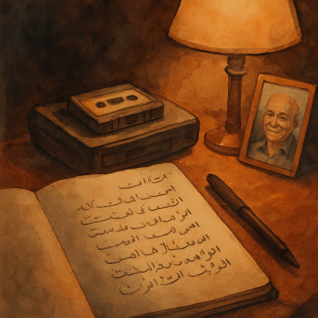 A close-up of an open notebook on a desk lamp-lit bedside table at night. A list of titles in Arabic handwriting fills most of the page (suggested, graceful lines, not fully legible). A pen rests besi
