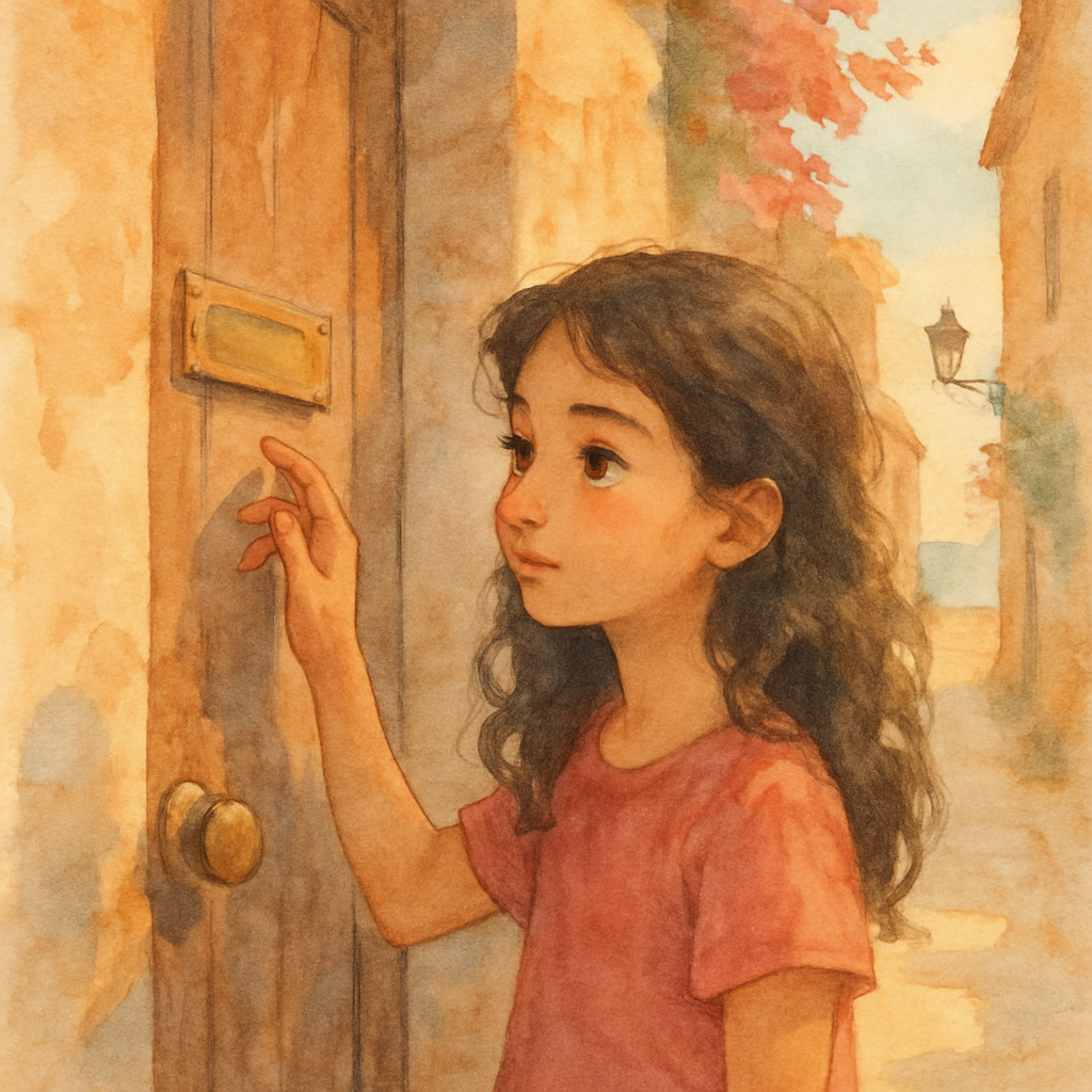 A soft watercolor illustration of an 11-year-old girl with dark wavy hair and warm brown eyes, standing in front of an old wooden door in a stone building. The door has a small brass nameplate at eye 