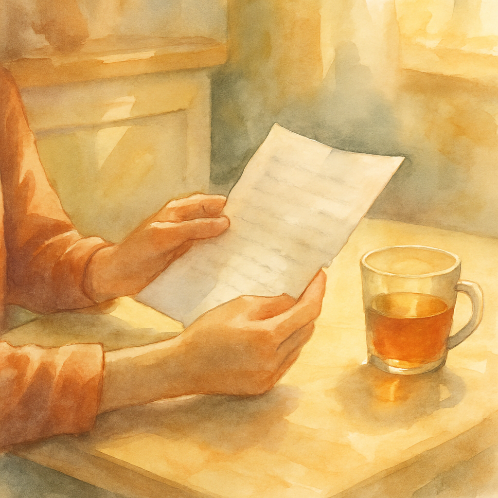 A close-up of Layla's hands holding a folded sheet of paper at a small kitchen table. Soft morning light. The paper is slightly creased, the writing visible (suggested, not legible). Beside it, a smal