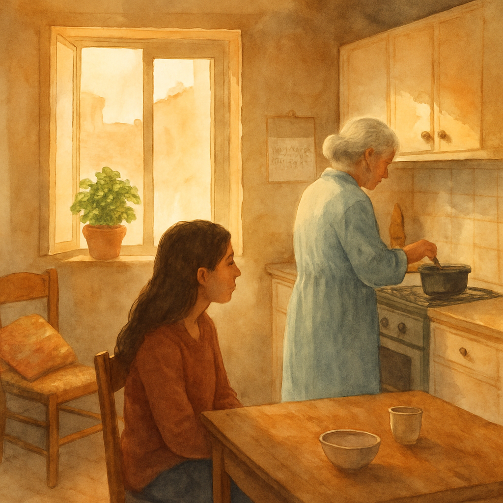 A wide shot of a Levantine apartment kitchen at morning. Teta — a woman in her 70s with silver hair pulled back, wearing a soft pale blue housecoat — is at the stove, stirring something in a small pot