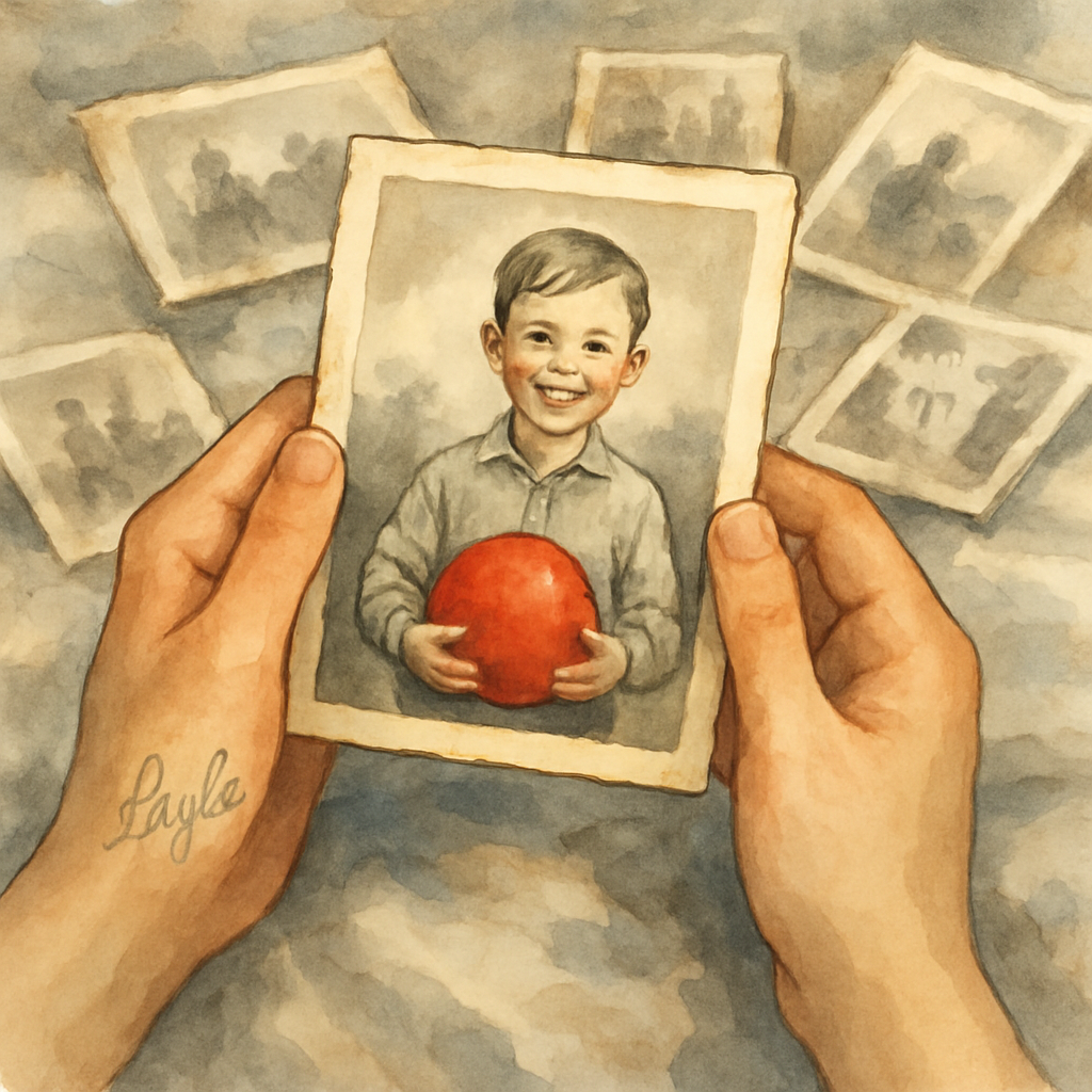 Layla's hands holding a small black-and-white photograph of a smiling boy with a red ball. The photo edges are softly yellowed with age. Around the photo on a bedspread are other old photos, slightly 