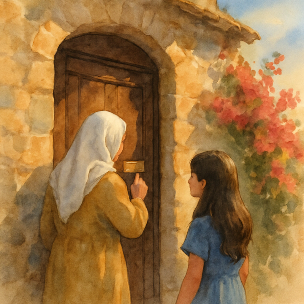 Teta and Layla standing in front of the old stone house door, seen from slightly behind. Teta's hand rests on a small brass nameplate on the door. Layla is half a step behind, watching. The wooden doo