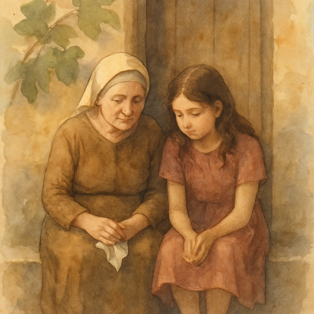 Teta and Layla sitting side by side on the stone doorstep of the old house, both looking down at the ground, not at each other. Teta has one hand resting in her lap, the other holding a folded handker