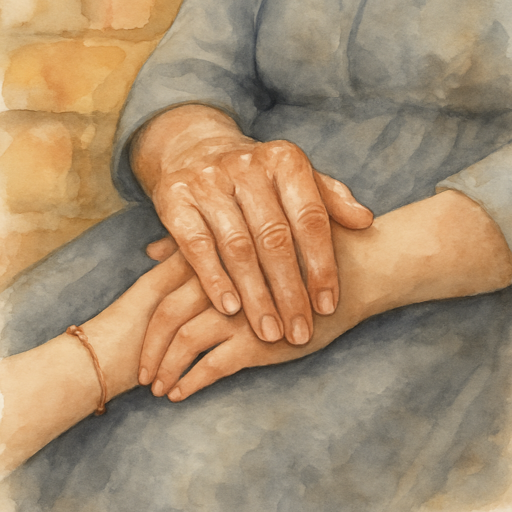 A close-up of two hands — Teta's older, slightly veined; Layla's younger, smaller — clasped together gently. They rest on the fabric of Teta's grey dress. A single small bead bracelet on Layla's wrist