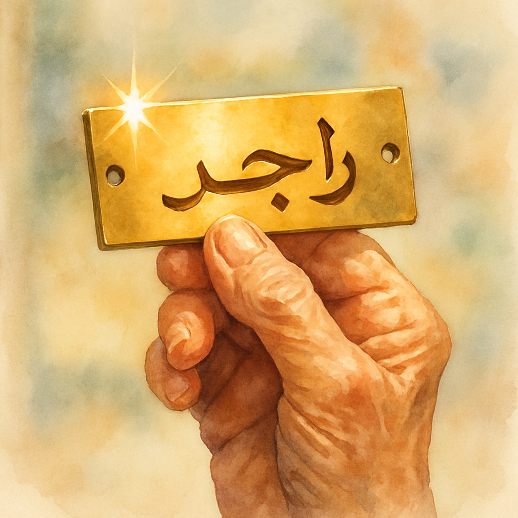 Teta's hand holding up a small, freshly-polished brass nameplate, just one word in Arabic engraved on it. The plate catches the afternoon light, shining warmly. Background is soft and out of focus. Wa
