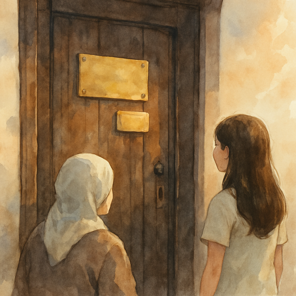 A view of the old wooden door now with two brass plates on it — the older family plate, and a small new one beside it. Teta stands a few steps back, with Layla beside her, both looking at the door. Th