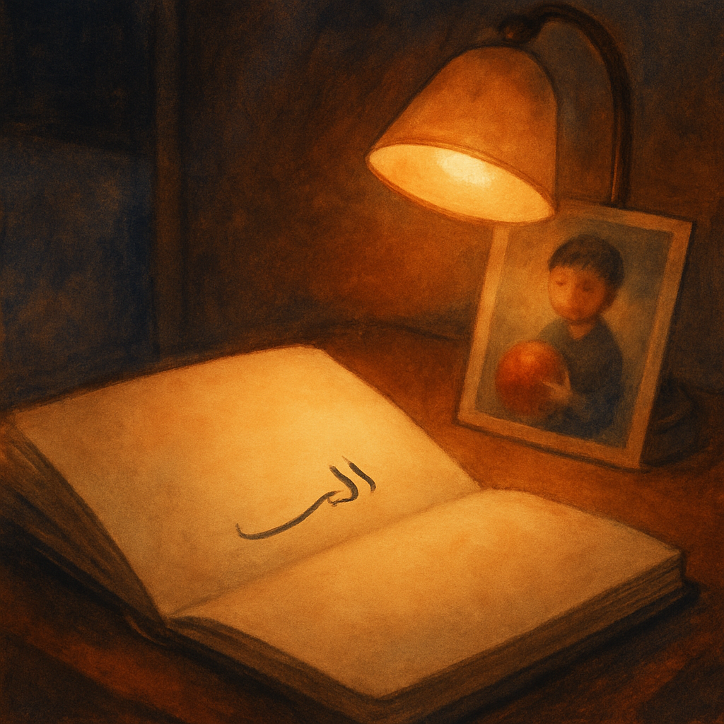 A close-up of an open notebook on a bedside table at night. A single name handwritten in Arabic on the page (the writing visible as a graceful line, but not legible as specific letters). A small readi