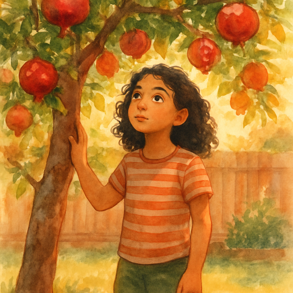 A soft watercolor illustration of an 11-year-old Palestinian-American girl with dark curly hair and warm brown eyes, standing under a large pomegranate tree in a sunlit California backyard. The tree i