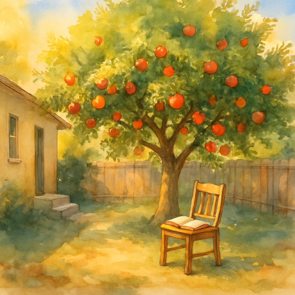 A wide watercolor view of a California backyard with a single large, mature pomegranate tree at its center, heavy with red fruit. A small wooden reading chair sits beneath it with an open book on the 