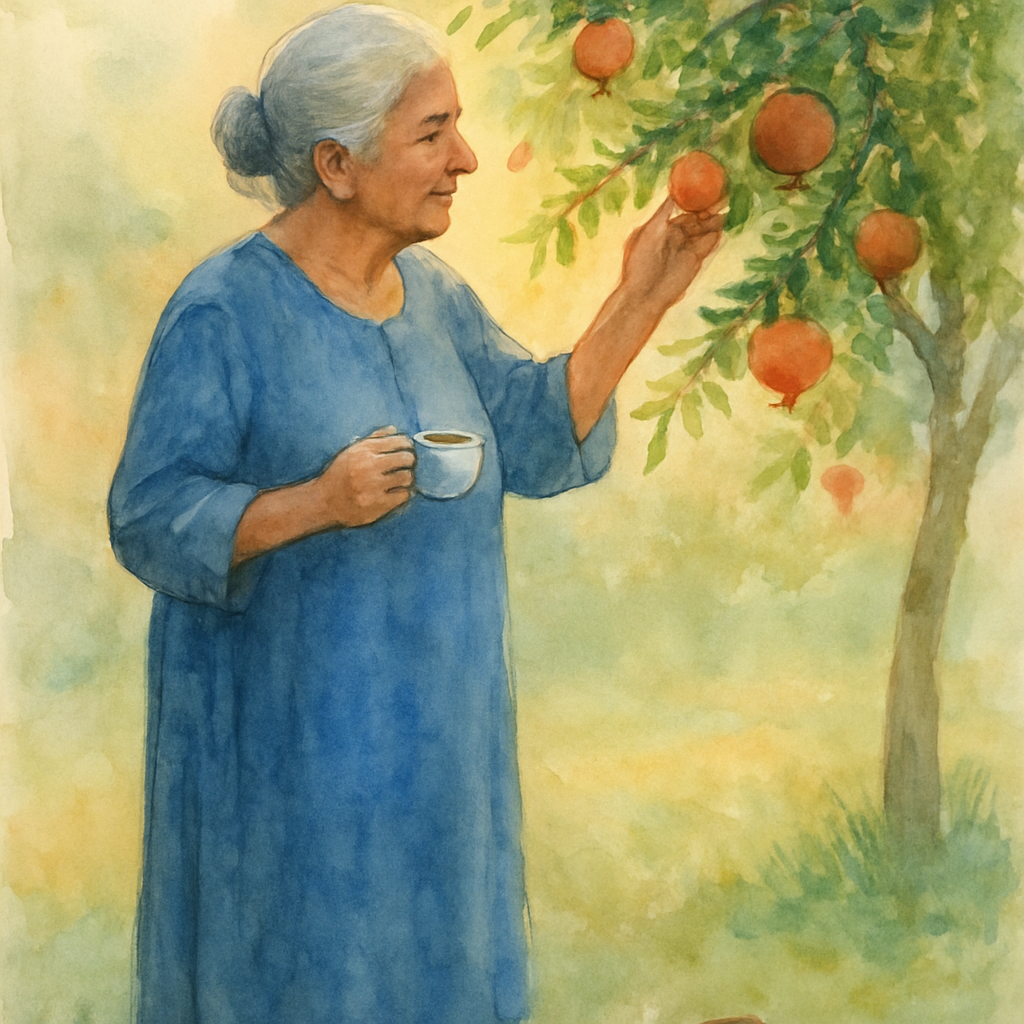 An older Palestinian woman in her 70s, silver hair pulled into a soft bun, wearing a long blue housedress, stands beneath the pomegranate tree in early morning light. She holds a small coffee cup in o