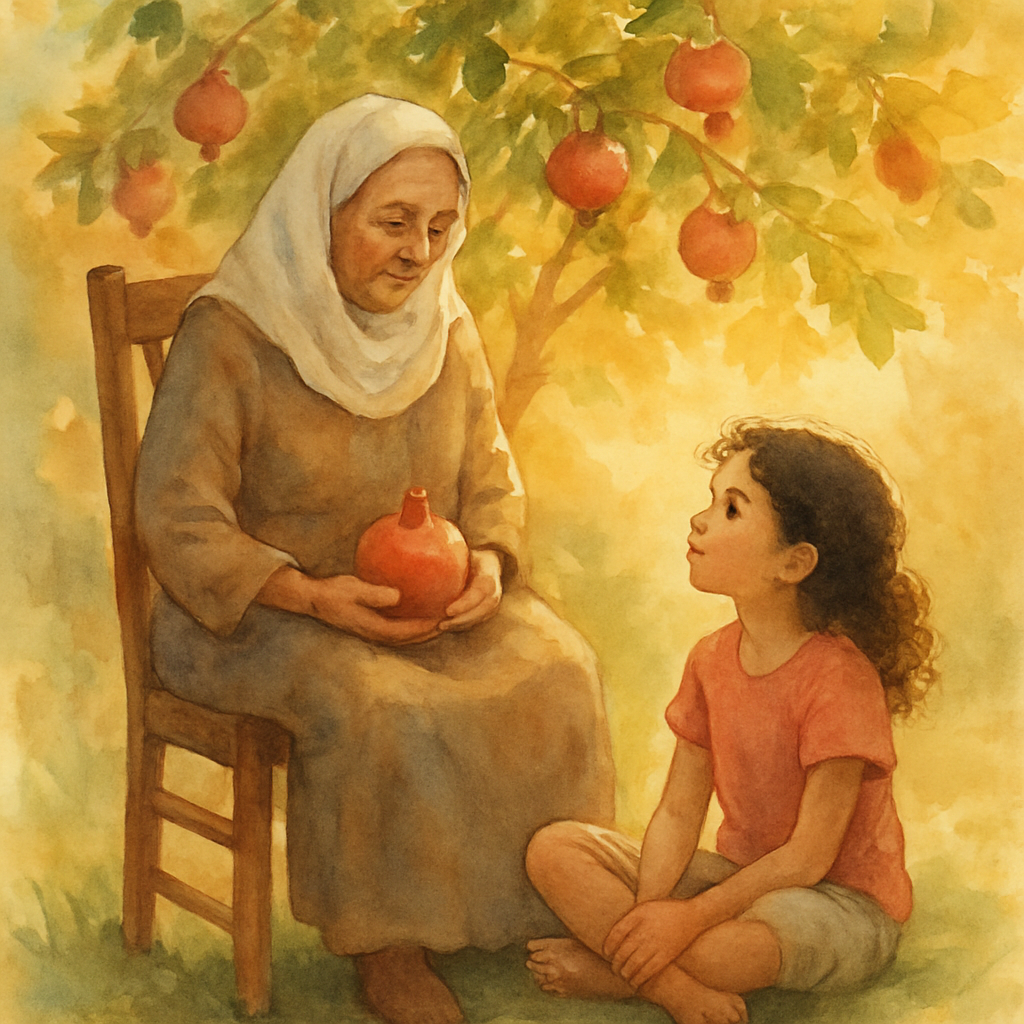 Sittu seated on a wooden garden chair beneath the pomegranate tree, with a single ripe pomegranate cupped in her lap. Layla, an 11-year-old girl with curly dark hair, sits cross-legged on the grass be