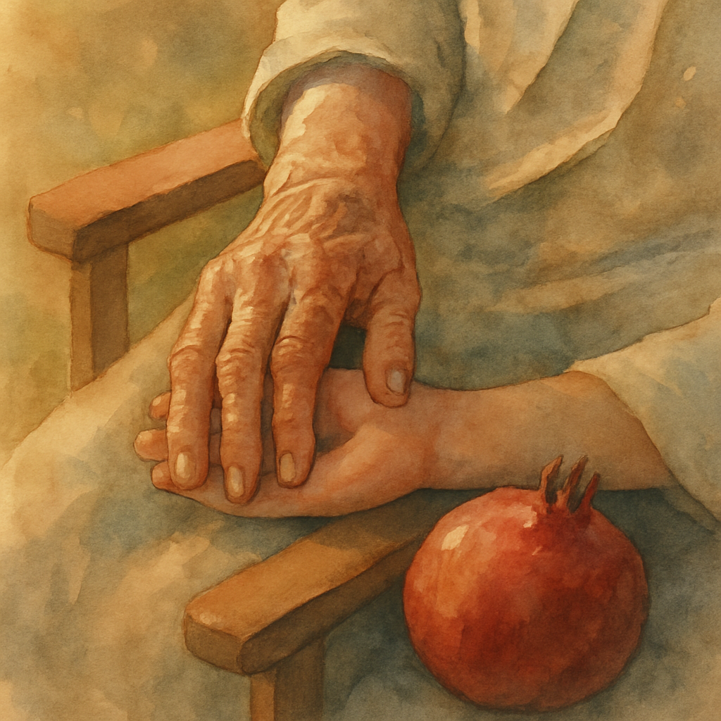 A close-up of Sittu's weathered hand resting on Layla's smaller hand, both on the wooden arm of the garden chair. The pomegranate sits in Sittu's lap, just visible at the edge. The light is now a soft