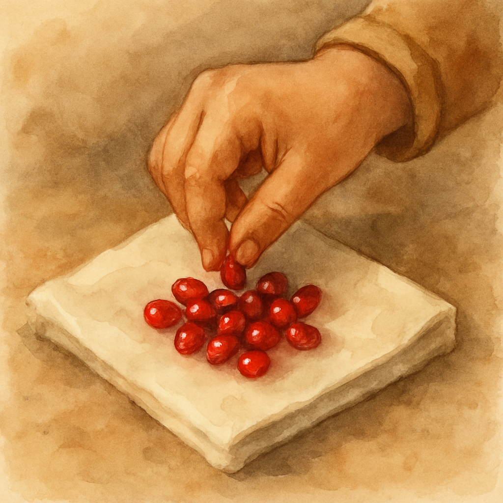 A small inset memory image: a child's hand (a younger Sittu's hand) carefully placing pomegranate seeds onto a folded square of white cloth. The seeds are deep ruby red, glowing slightly. The cloth re