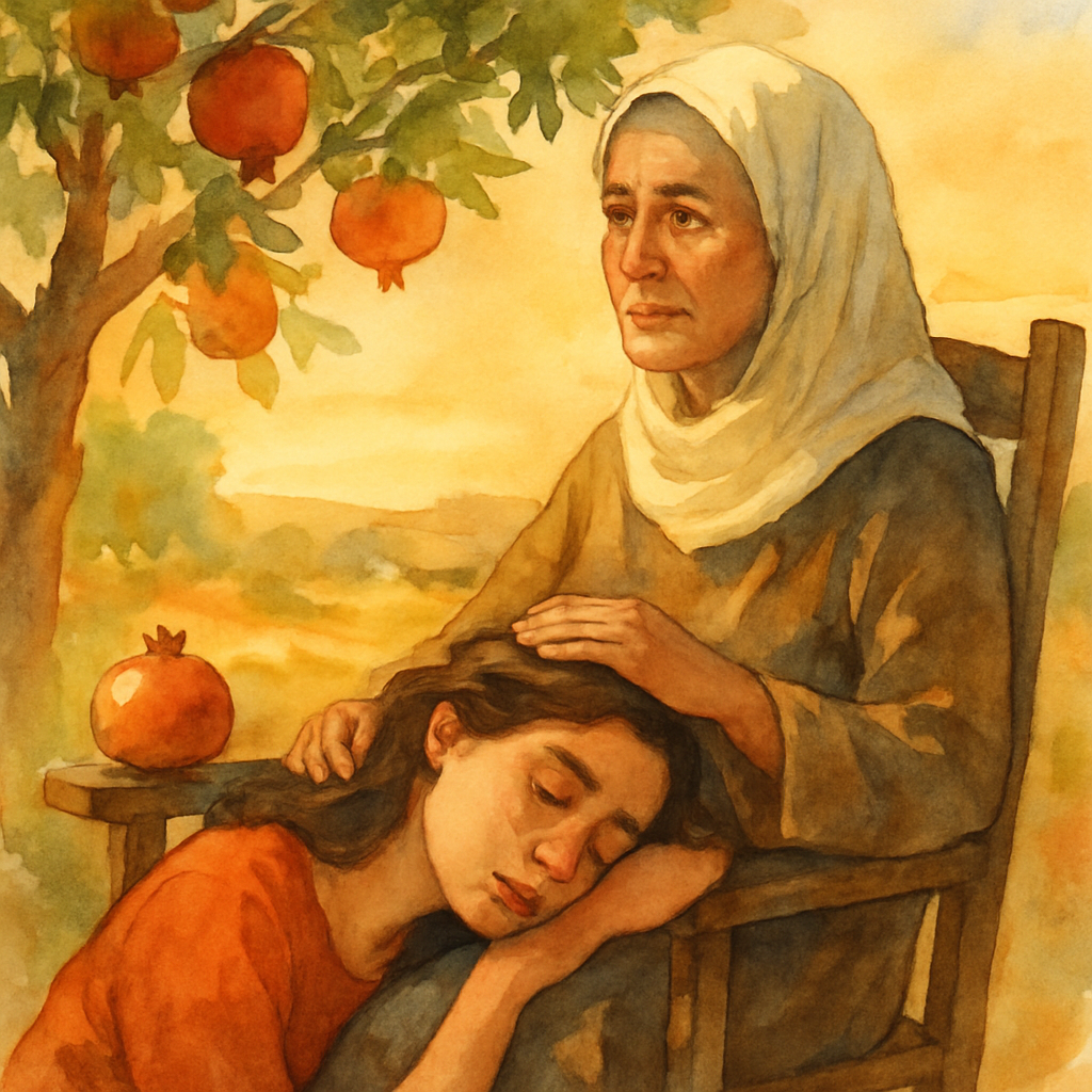 Layla resting her head on Sittu's knee under the pomegranate tree, eyes closed, a single tear visible on her cheek. Sittu's hand is resting gently on Layla's hair, her face calm, looking out toward th