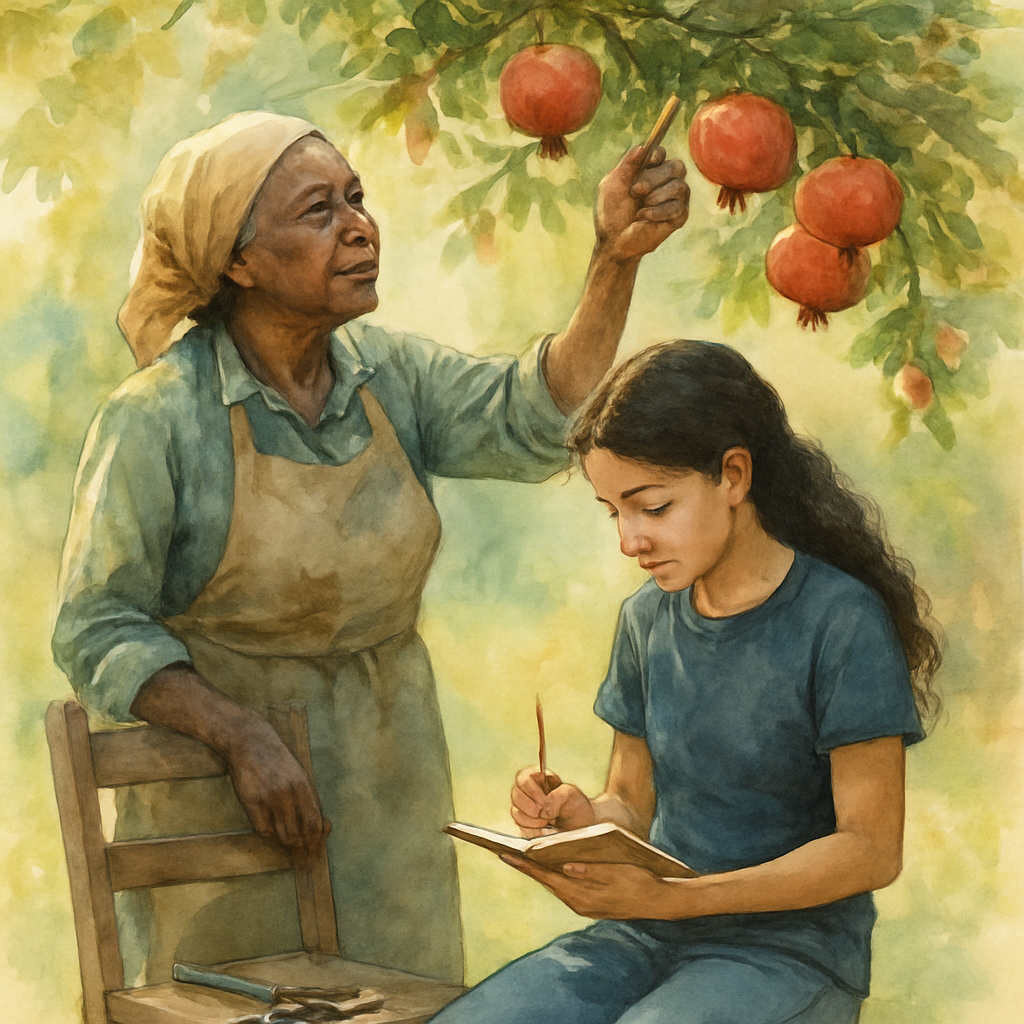 Sittu and Layla side by side beneath the tree, Sittu pointing up at a cluster of pomegranates while Layla holds a small notebook and pencil, writing carefully. Both wear gardening clothes — Sittu in a