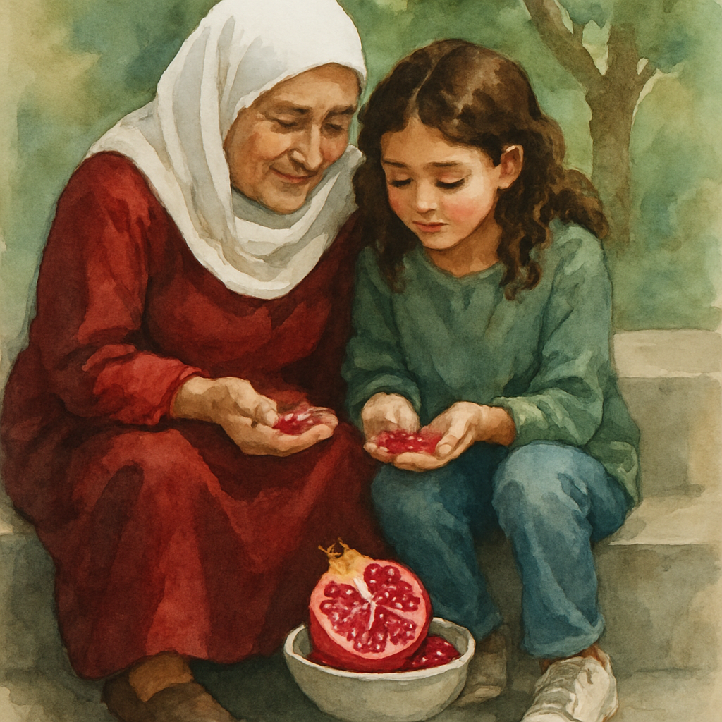 Sittu and Layla sitting close together on a concrete back step, an open pomegranate split between them in a small ceramic bowl. The ruby seeds are bright and glistening. Both have a few seeds in their