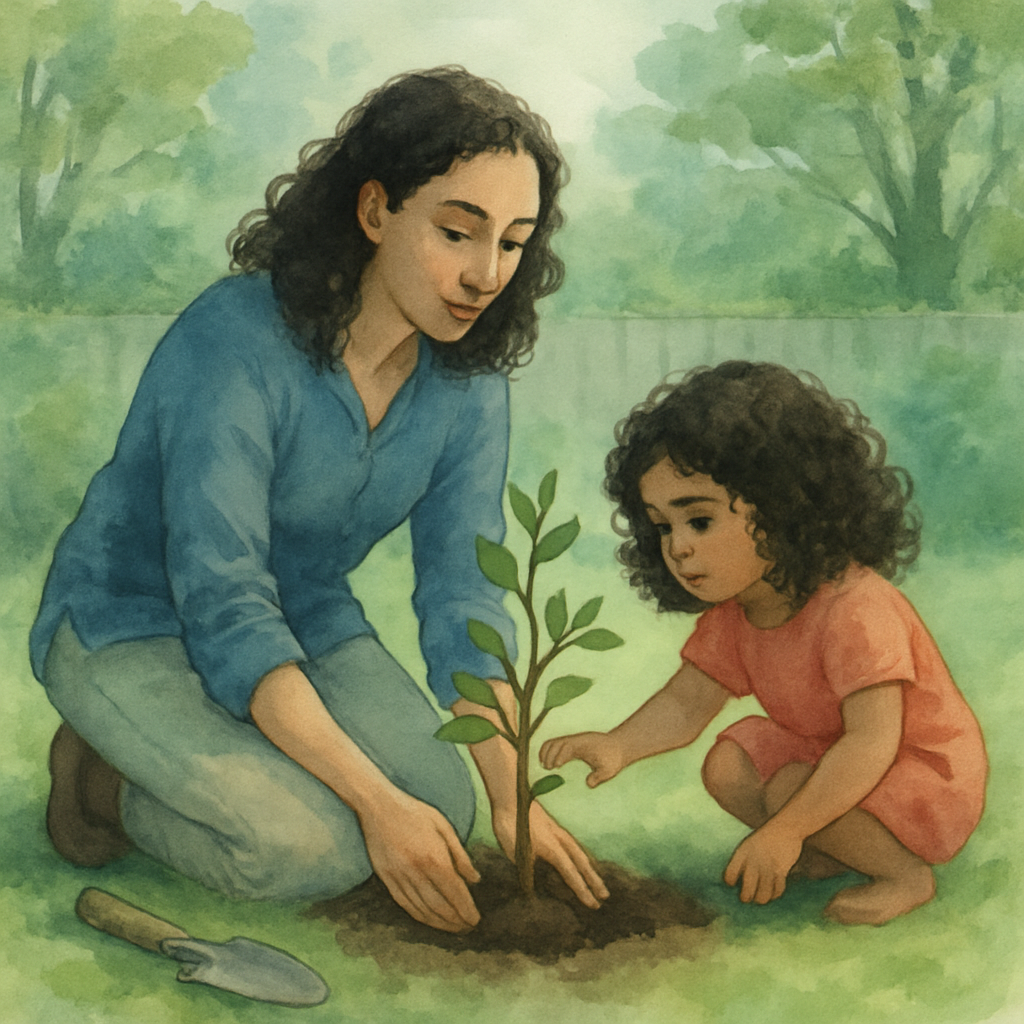 A grown-up Layla, now in her thirties, kneeling in a different backyard with a different quality of light — cooler, New England green — placing a small pomegranate sapling into a freshly dug hole. A l